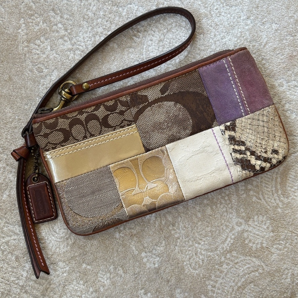 Coach Patchwork Zippered Wristlet Signature C Leather Suede Metallic Snakeskin